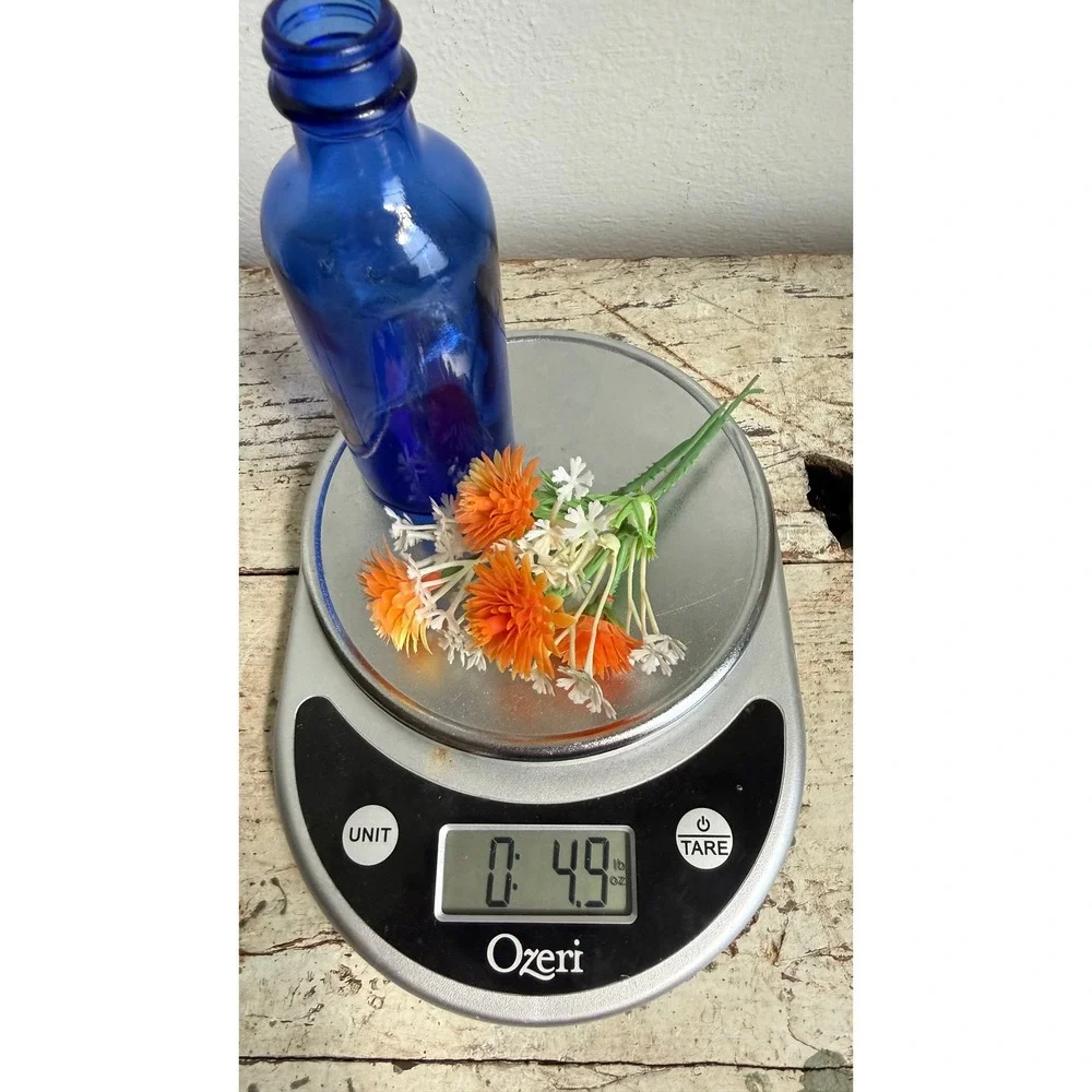 Vintage Cobalt Blue Glass Bottle Bud Vase with Artificial Flowers 5.25
